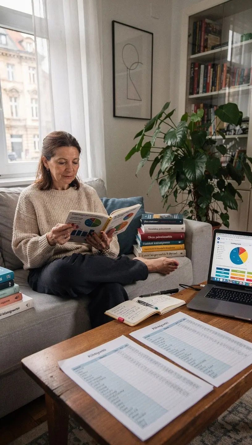 Kéz, amely ceruzával kijelöl egy havi kiadási táblázatot egy íróasztalon.